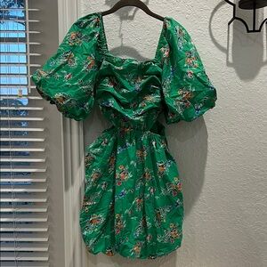 A New Day Vibrant Green Floral Midi Dress peekaboo waist Puff sleeves Sz S
